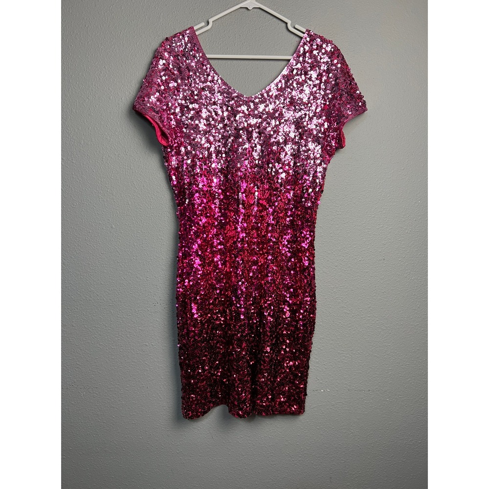 MANER Womens Pink Ombre Sequin Shimmer V-Neck Short SL Party Cocktail Dress XL